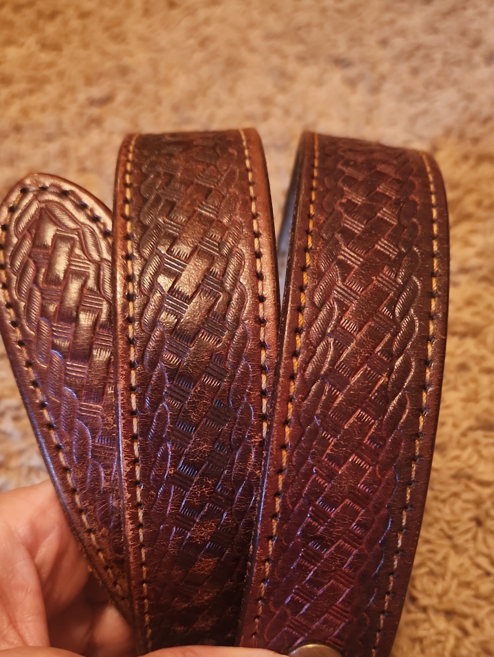 Triple K Brown Leather Money Belt with Pattern & Brass Buckle Size 40